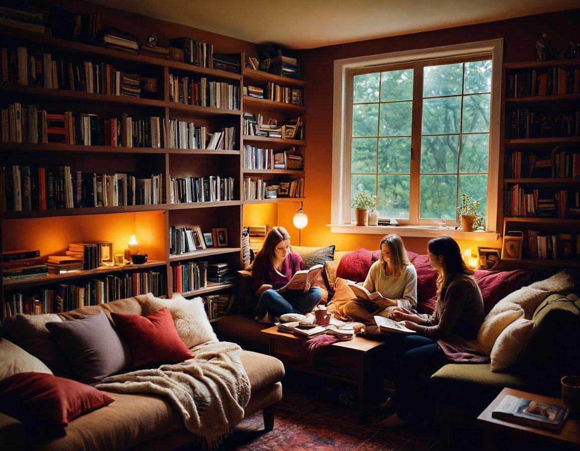 A cozy, inviting reading nook filled with diverse books stacked on shelves and scattered around. An engaging group of people of various ages and backgrounds animatedly discussing in the foreground, surrounded by warm lighting and cozy blankets. Include details like steaming cups of tea or coffee, and a window showing a peaceful garden outside. The atmosphere should exude warmth, curiosity, and a sense of community. soft focus, rich colors, painterly style.