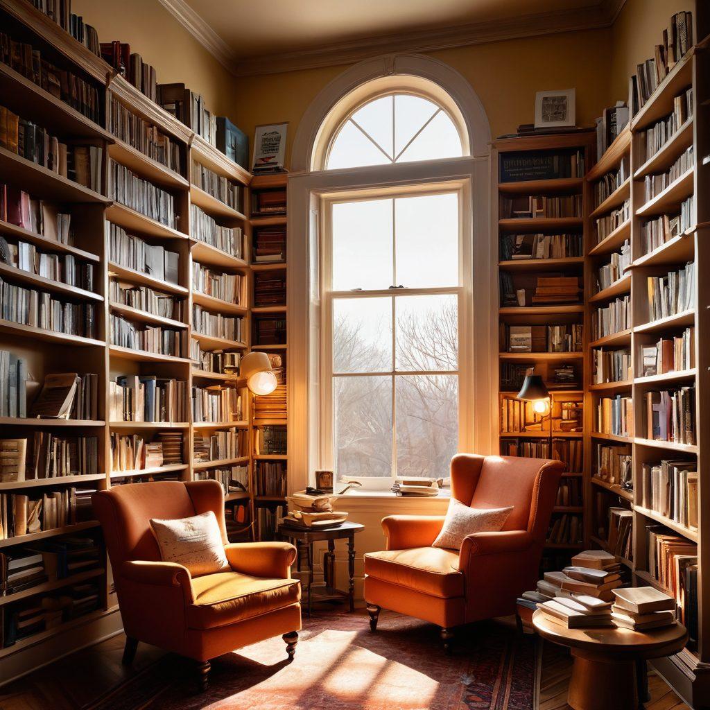 A whimsical library setting, filled with towering stacks of classic literature and vibrant new releases, a glowing reading nook in the corner with a cozy armchair and a warm cup of tea, soft rays of sunlight streaming through large windows, inviting the viewer into the world of books, surrounded by floating literary quotes and illustrations of iconic book covers. super-realistic. warm colors. cozy atmosphere.