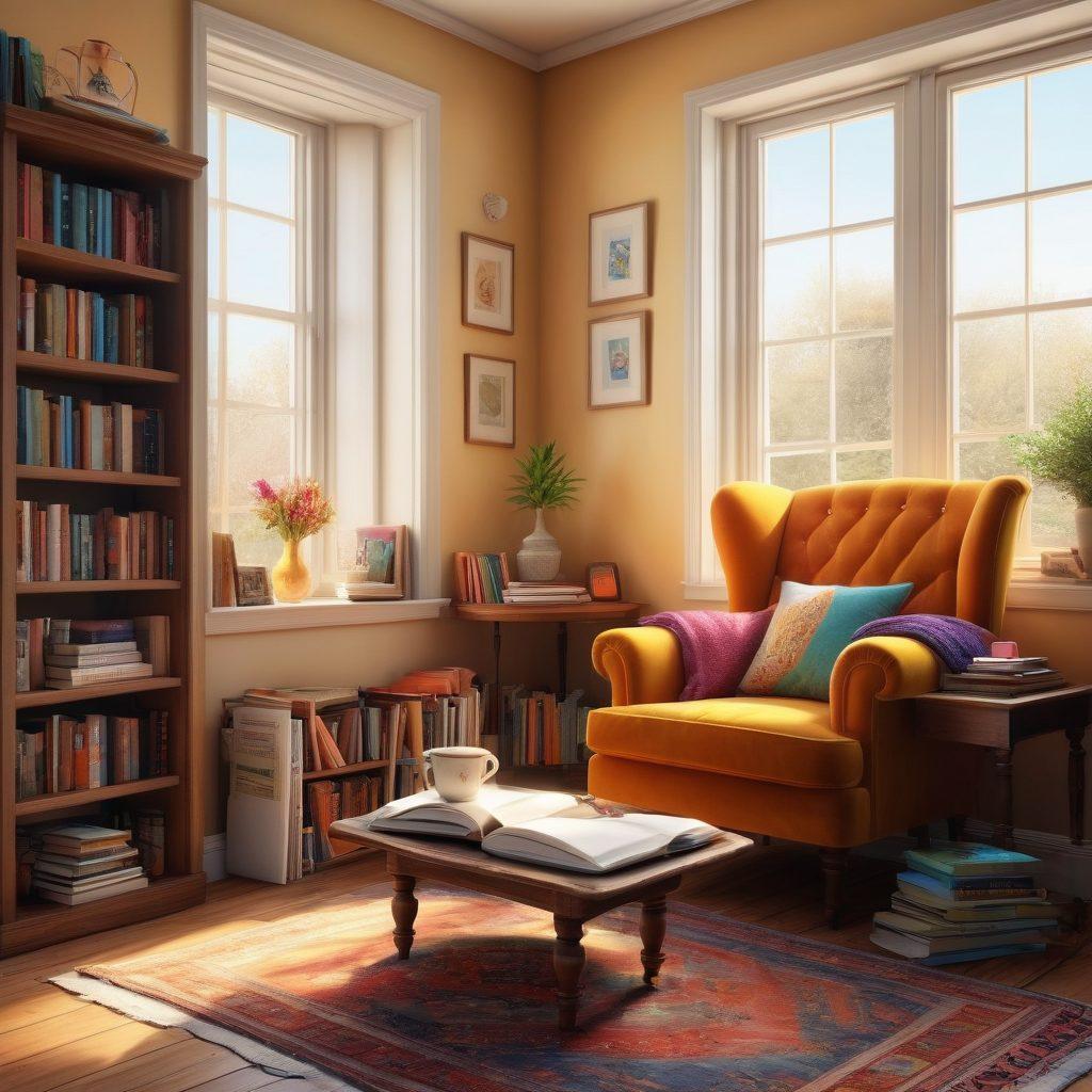 A cozy reading nook filled with an assortment of colorful books, a steaming cup of tea placed on a wooden table, soft sunlight filtering through a nearby window illuminating the pages of an open book, a plush armchair inviting relaxation, and a whimsical bookshelf in the background displaying a variety of genres. warm colors. super-realistic. }